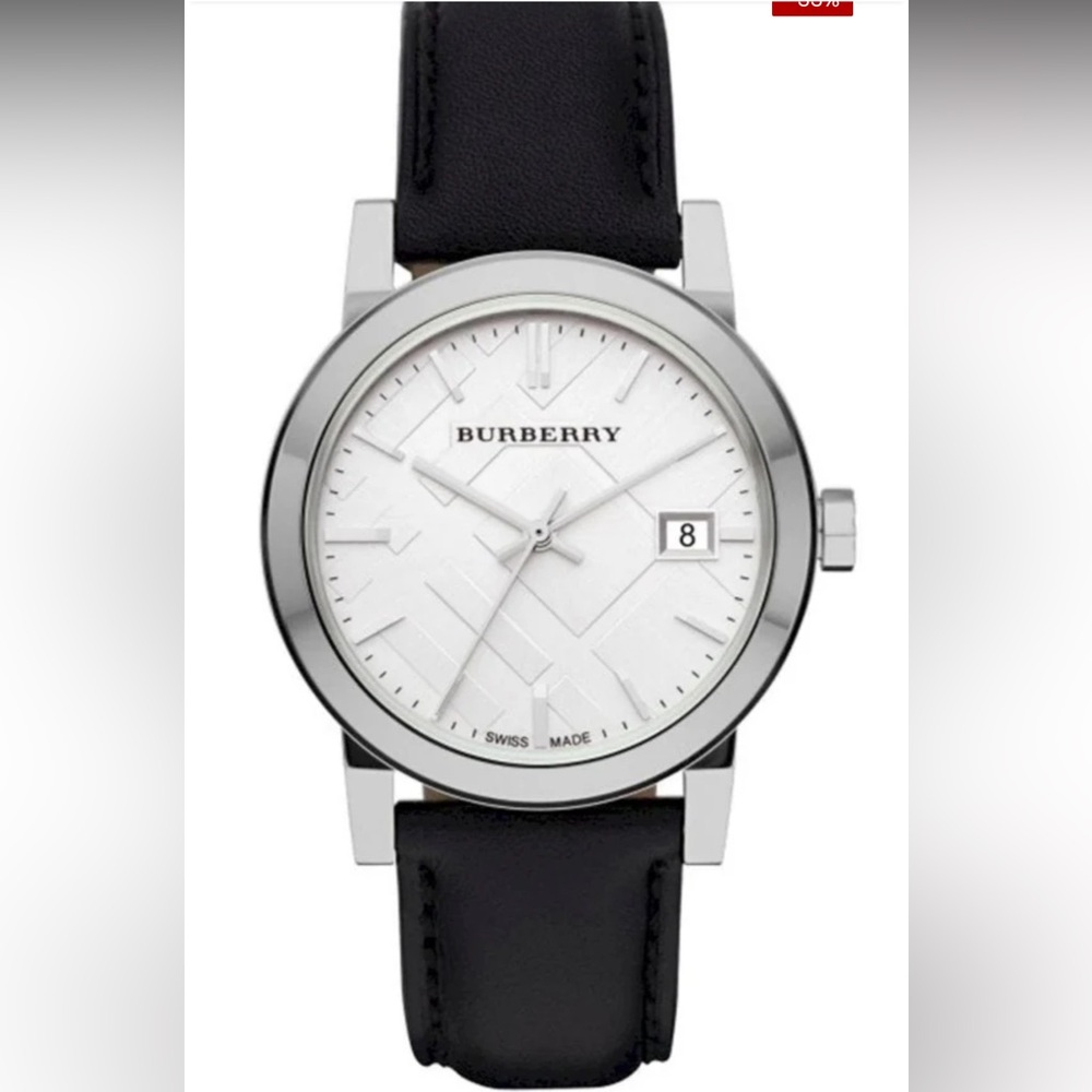 Burberry The City Silver Dial Black Leather Strap Watch